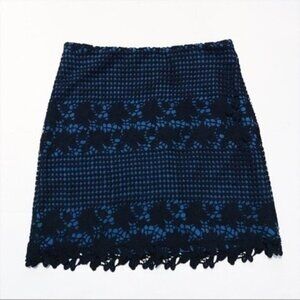 LOFT Knit A-Line Skirt Blue With Black Floral Overlay Size 6